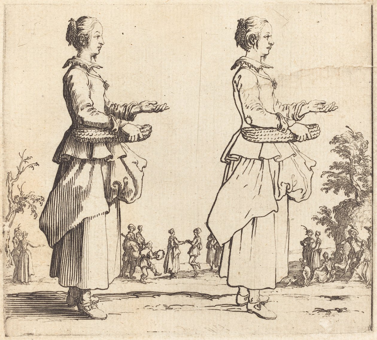 Parasztasszony kosárral, profilban, jobbra néz alkotó: Jacques Callot