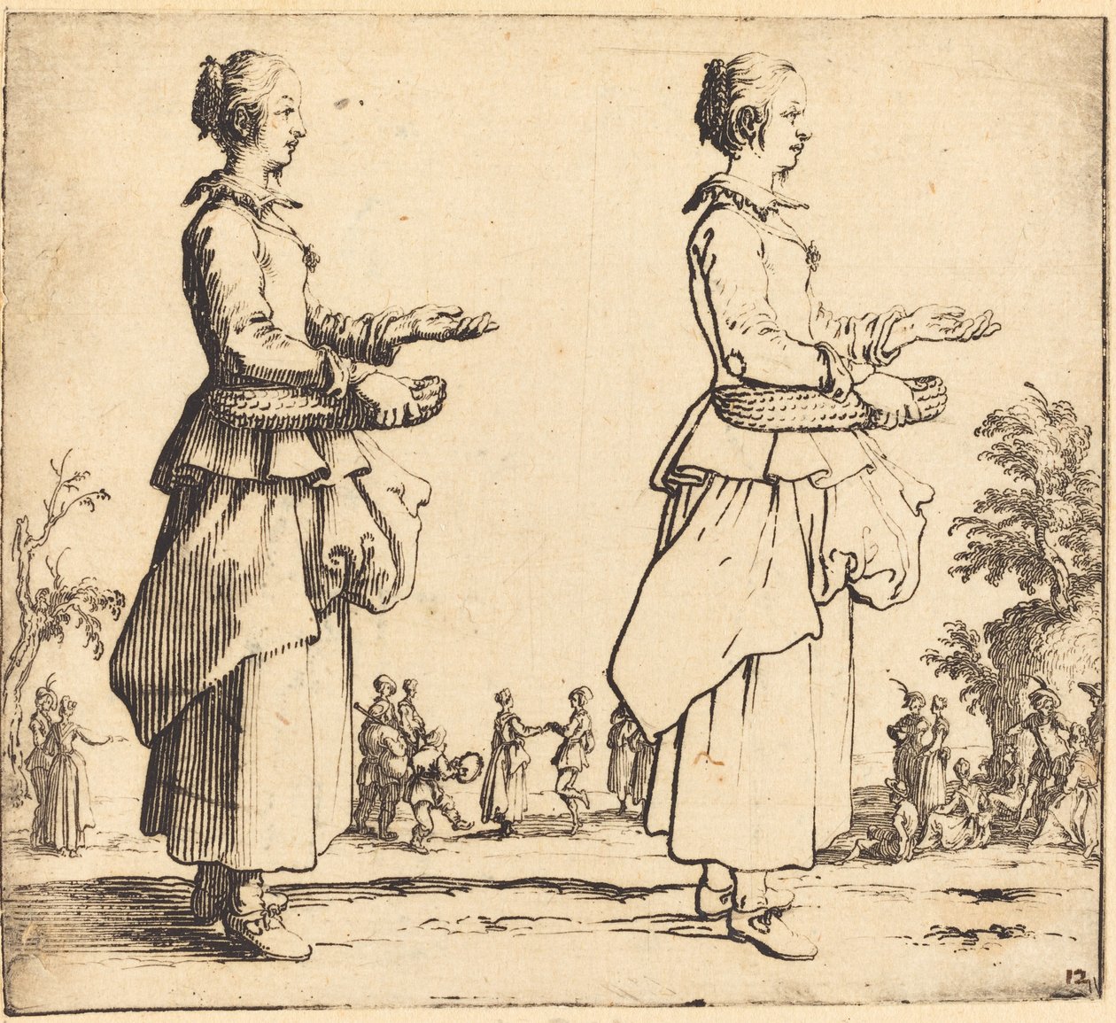 Parasztasszony kosárral, profilban, jobbra néz alkotó: Jacques Callot