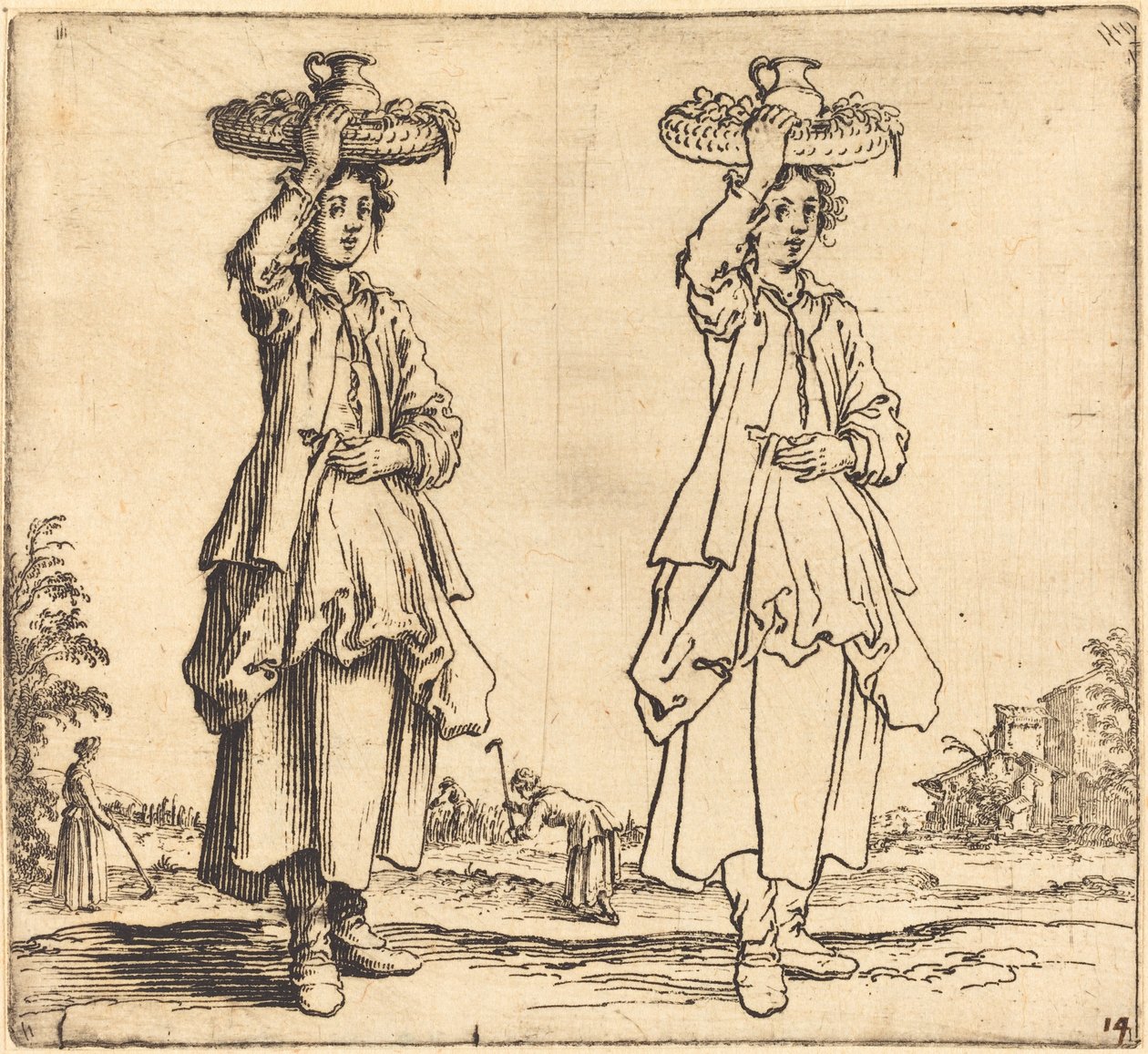 Parasztasszony fején kosárral, elölnézet alkotó: Jacques Callot
