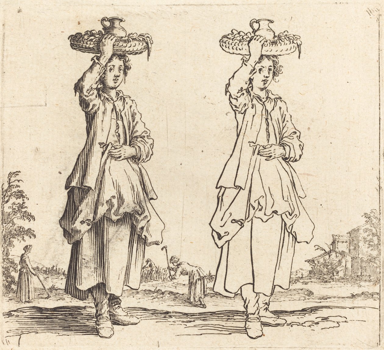 Parasztasszony fején kosárral, elölnézet alkotó: Jacques Callot