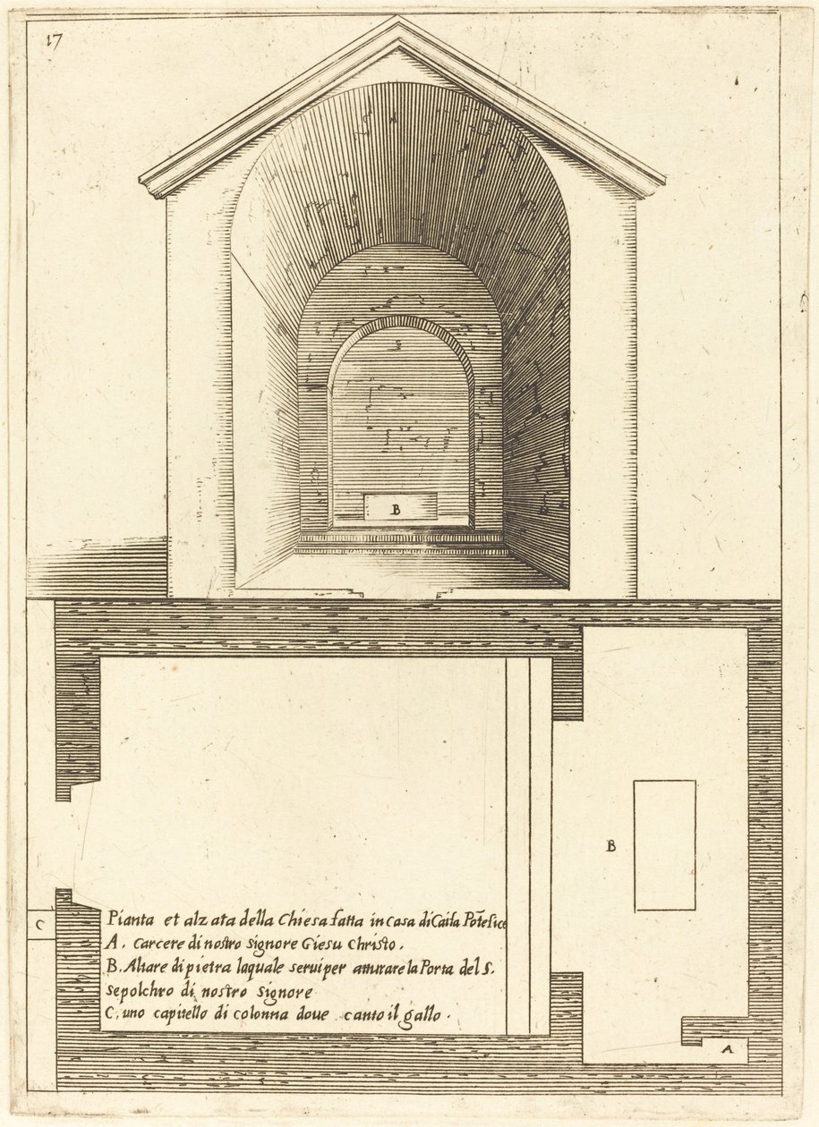 A Kajafás-ház közelében lévő templom terve és emelése alkotó: Jacques Callot