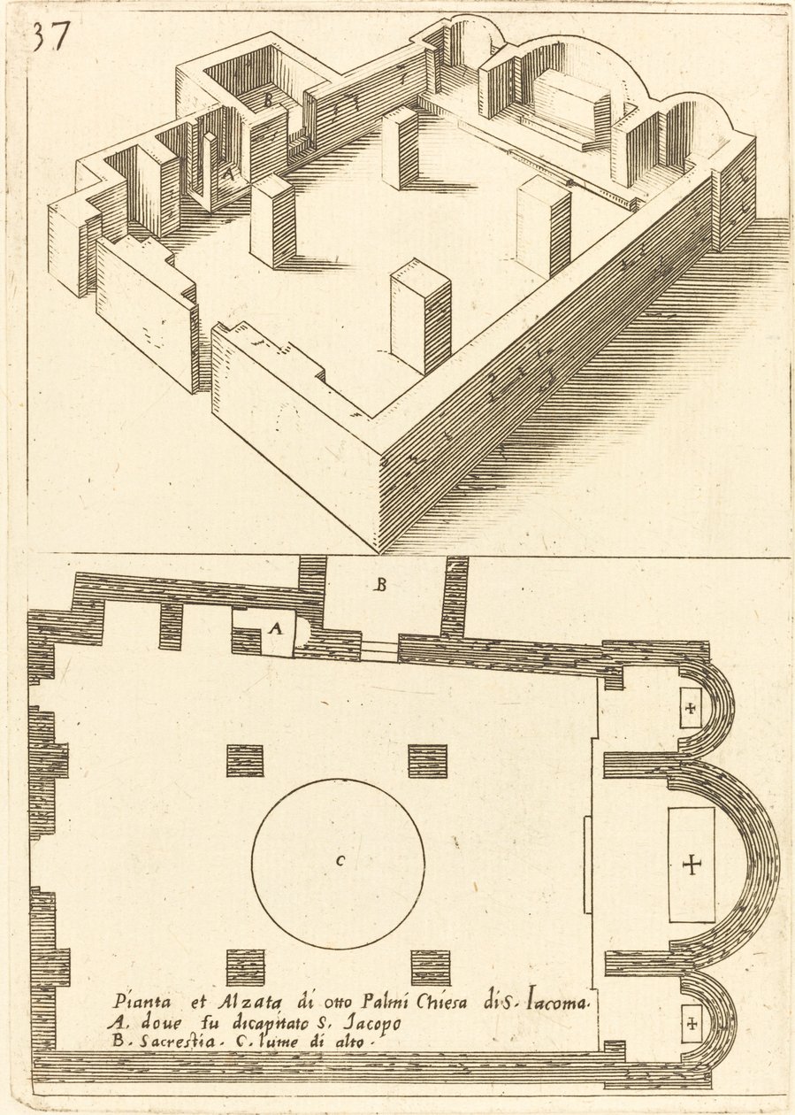 A S. Iacoma templom terve és emelése alkotó: Jacques Callot