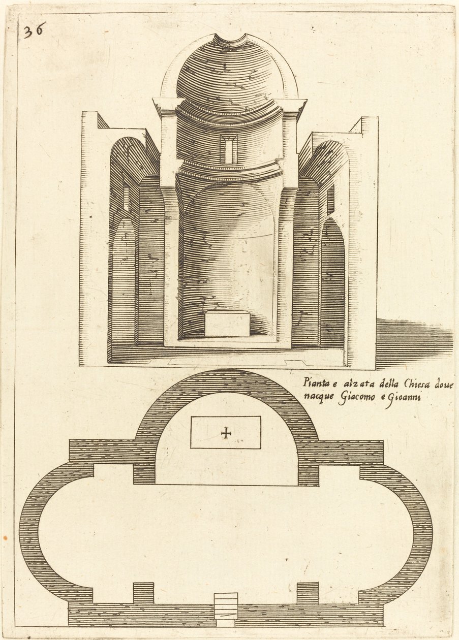 A Szent Jakab és János templom terve és emelése, 1619. alkotó: Jacques Callot
