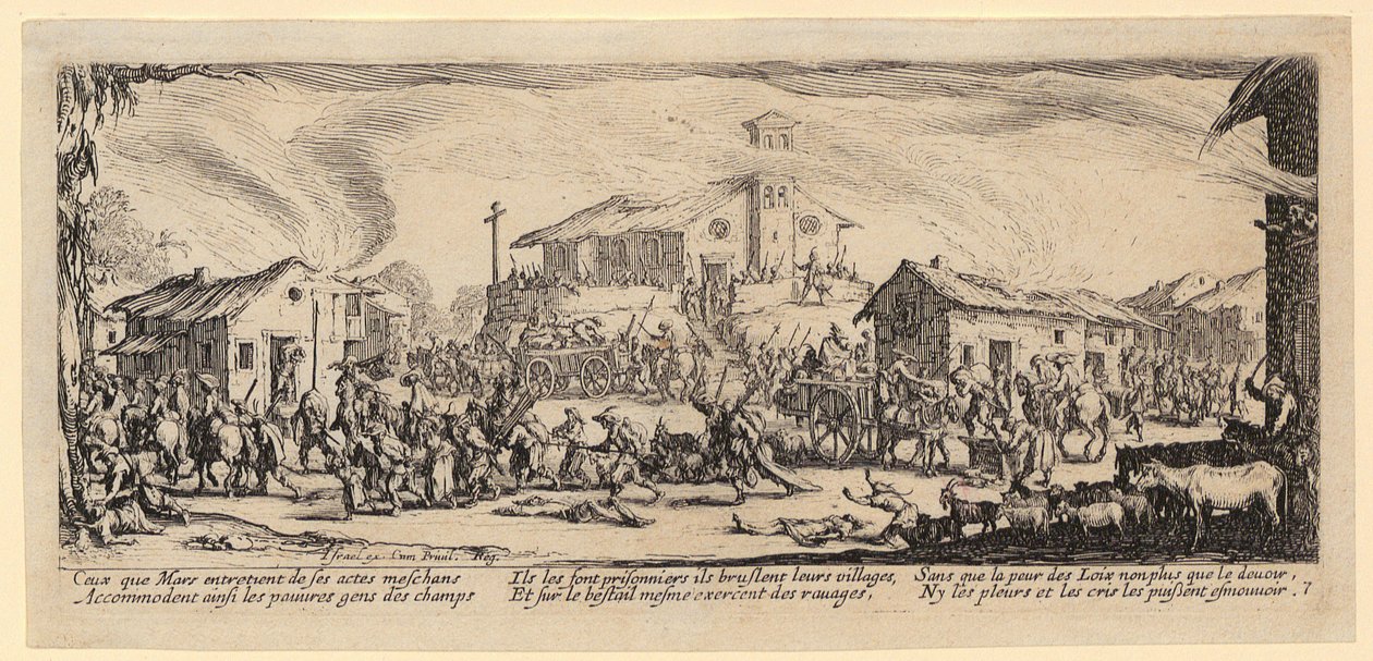 Egy falu kifosztása és felégetése, a „Háború borzalmai” sorozat 7. lapja alkotó: Jacques Callot