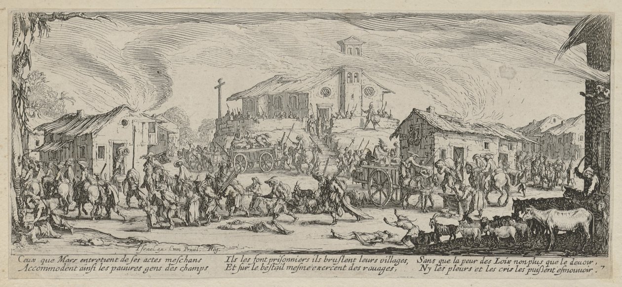 Egy falu kifosztása és felégetése, a „A háború borzalmai” című sorozat 7. lapja alkotó: Jacques Callot