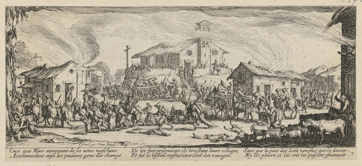 Egy falu kifosztása és felégetése, a „A háború borzalmai” sorozat 7. lapja alkotó: Jacques Callot