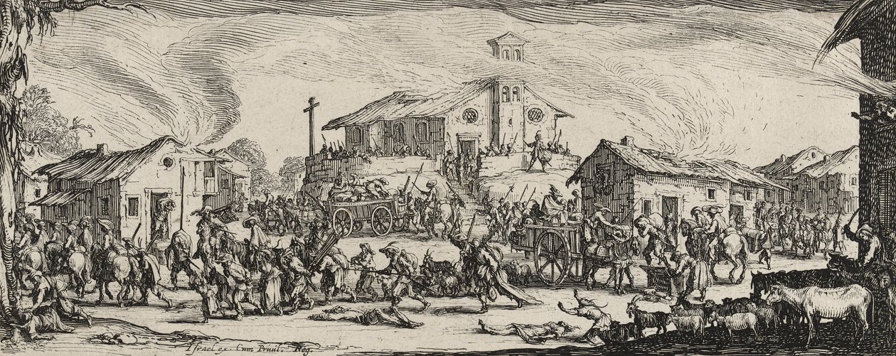 Egy falu kifosztása és felgyújtása, 1633 (rézkarc fektetett papírra) alkotó: Jacques Callot