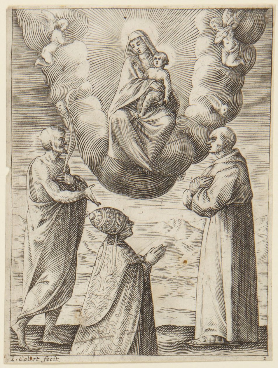 VIII. Bonifác pápa Szent Ferenccel és Szent Krispinnel, amint imádják a Szűzanyát és a gyermek Jézust alkotó: Jacques Callot