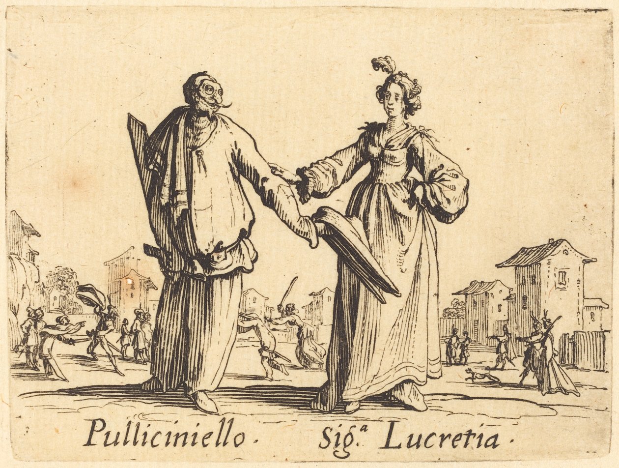 Pulliciniello és Siga. Lucretia alkotó: Jacques Callot