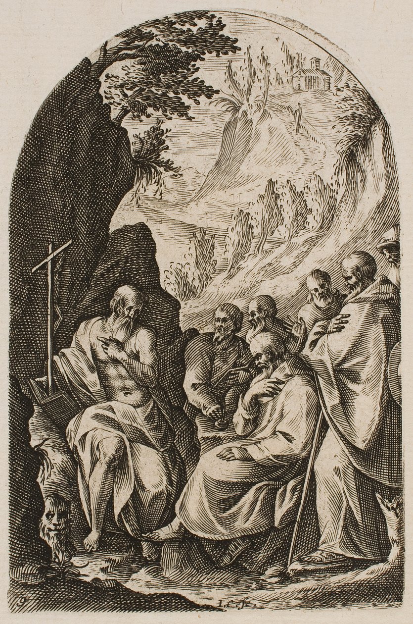 Szent Jeromos tanítja tanítványait a sivatagban, a „Római képek” sorozatból alkotó: Jacques Callot