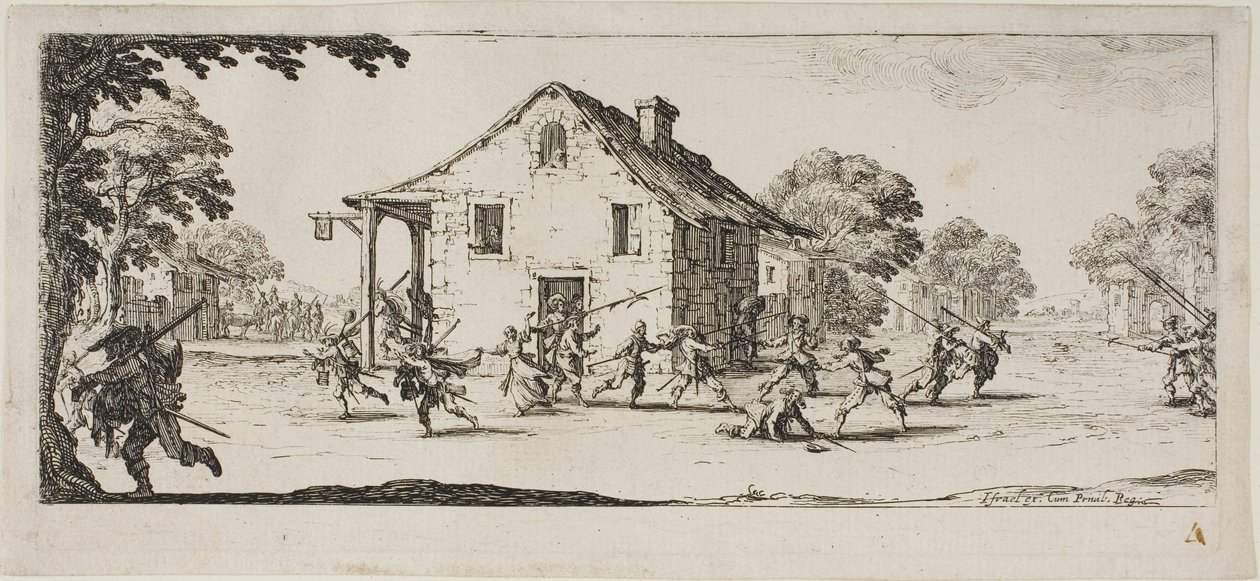 A fosztogatás jelenete, negyedik lemez A háború nyomorúságaiból alkotó: Jacques Callot