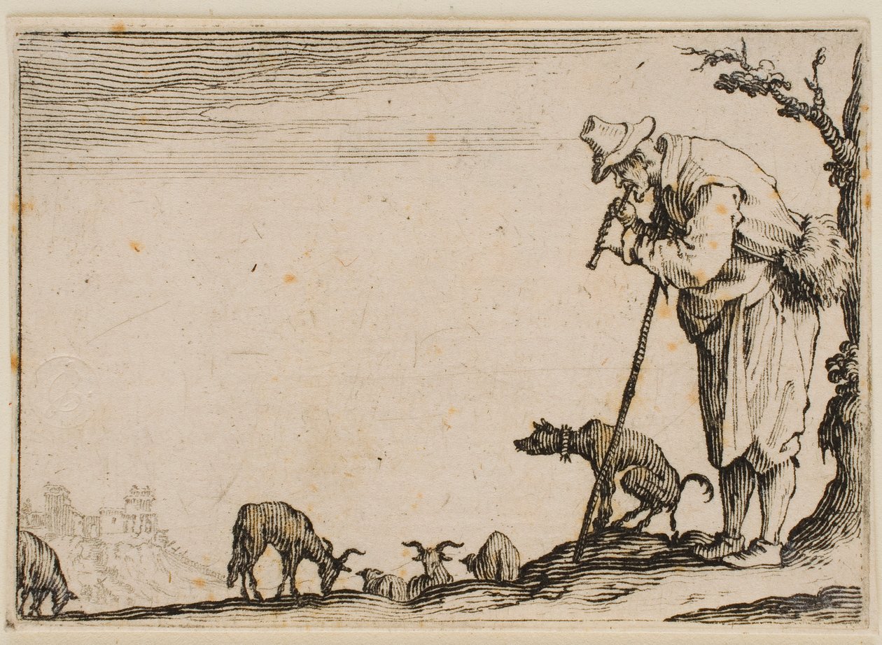Fuvolázó pásztor, a „Caprices” című műből (firenzei kiadás) alkotó: Jacques Callot