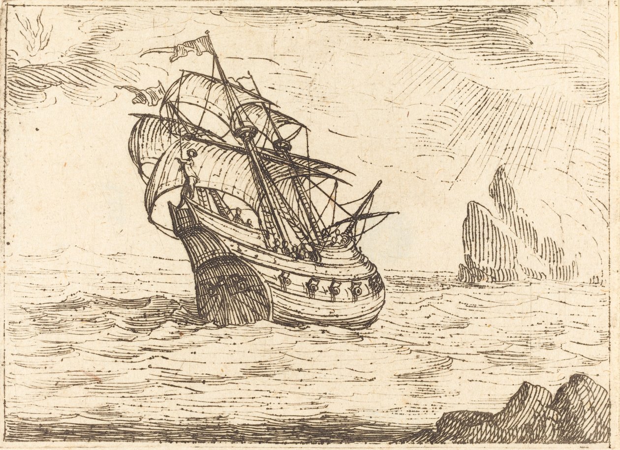 Hajó sziklák közelében navigál alkotó: Jacques Callot