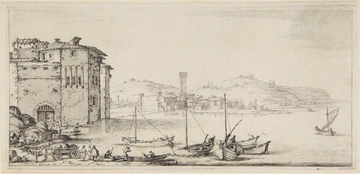 Rakodás alatt álló hajók, a Diverse Vedute Designate in Fiorenza (Firenzében tervezett változatos tájképek) sorozatból alkotó: Jacques Callot