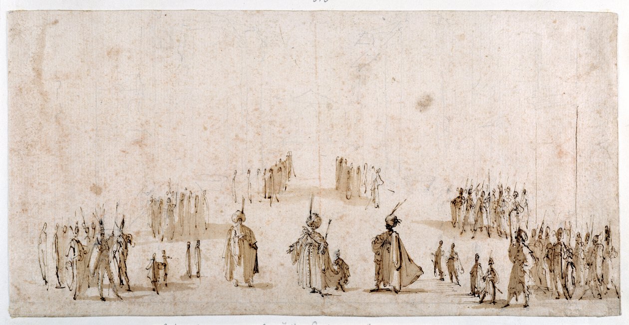 Vázlat figurák csoportjainak színpadra állításához az „Il Solimanóban” (toll és barna tinta barna mosással vörös krétán) alkotó: Jacques Callot