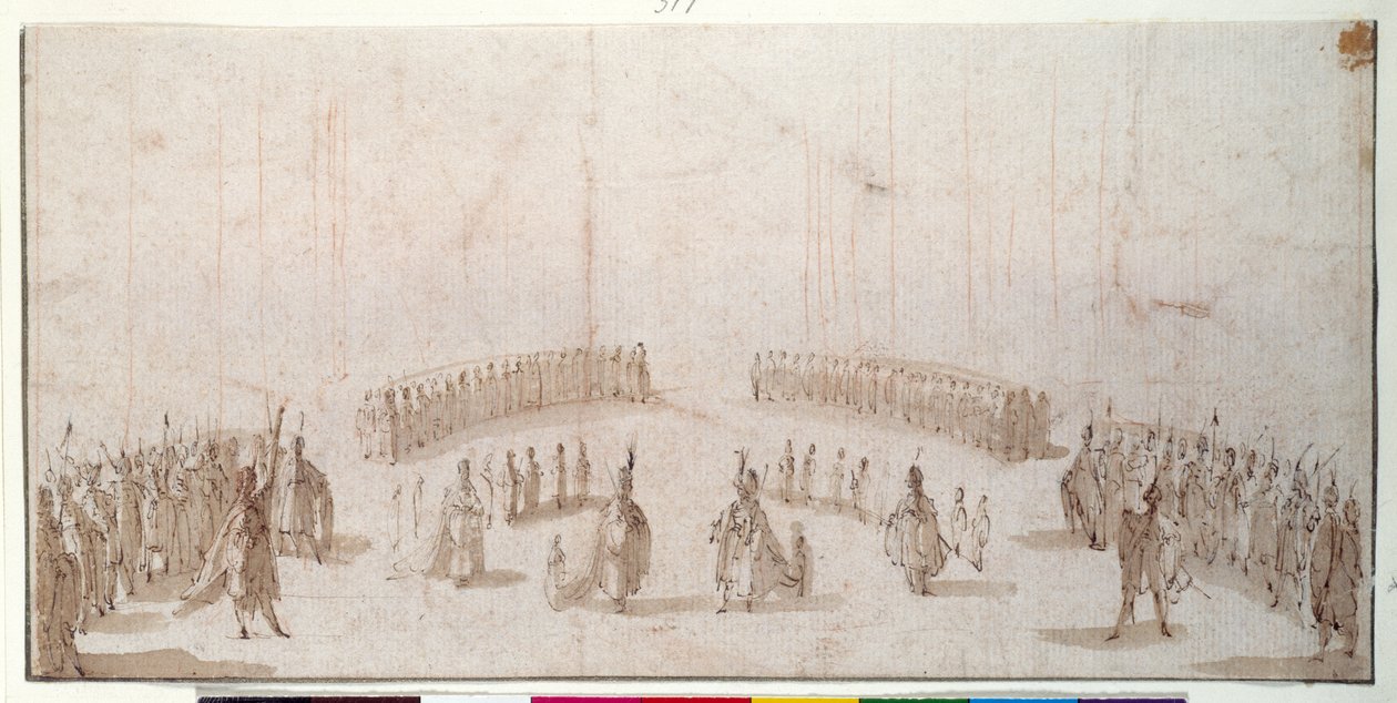 Vázlat figurák csoportjainak színpadra állításához az „Il Solimanóban” (toll és barna tinta barna mosással vörös krétán) alkotó: Jacques Callot