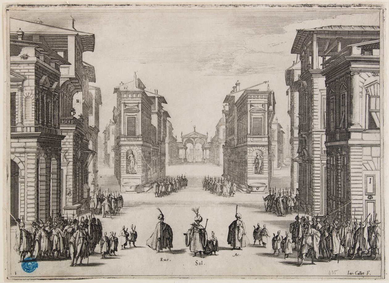 Szolimán, 1. felvonás. Egy 6 darabból álló sorozat második száma (Lieure 364, Meaume 435) alkotó: Jacques Callot