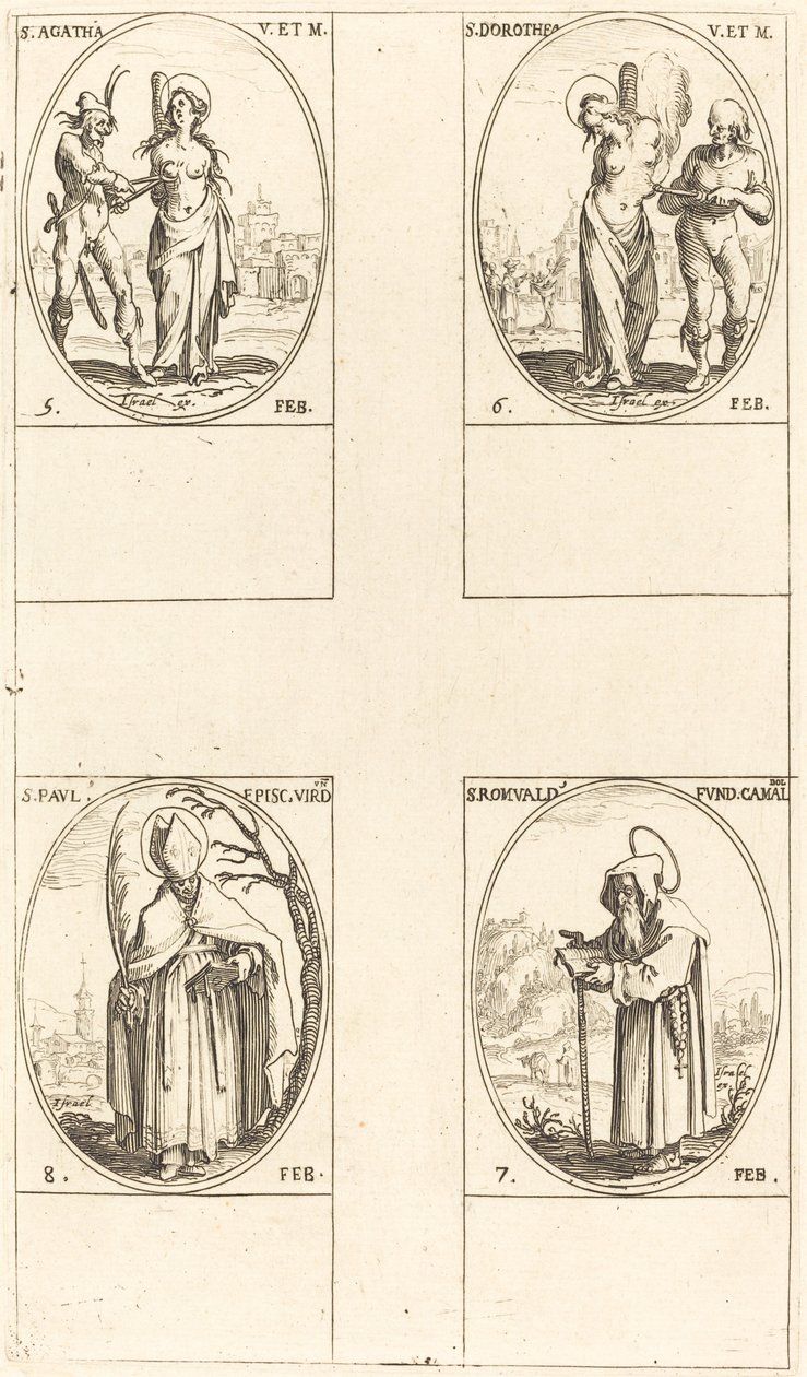 Szent Agáta; Szent Dorottya; Ravennai Szent Romuald; Szent Pál verduni püspök alkotó: Jacques Callot