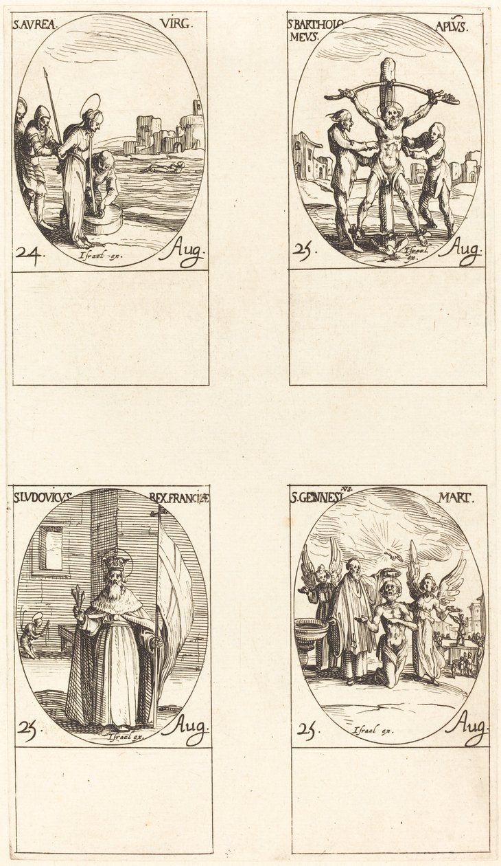 Szent Aurea, Szent Bertalan, Szent Lajos, Szent Genezius. alkotó: Jacques Callot
