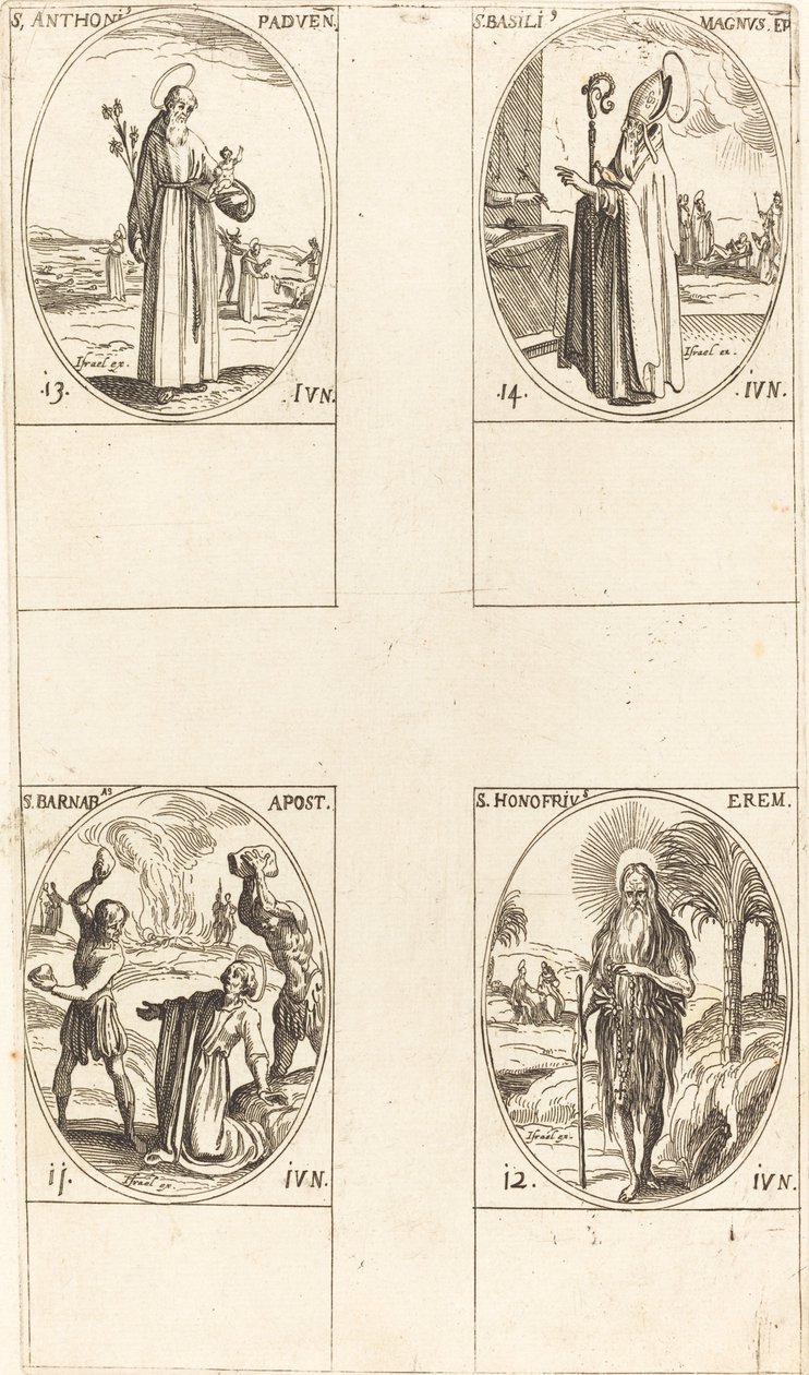 Szent Barnabás apostol; Szent Honofrius; Páduai Szent Antal; Nagy Szent Bazil alkotó: Jacques Callot