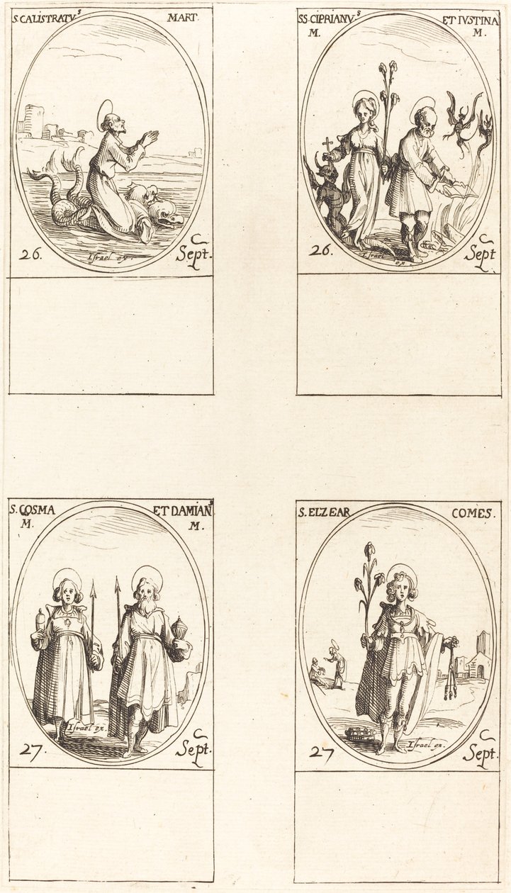 St. Calistratus; Sts. Cyprian és Justina; Sts. Comus és Damian; St. Elzear, gróf alkotó: Jacques Callot