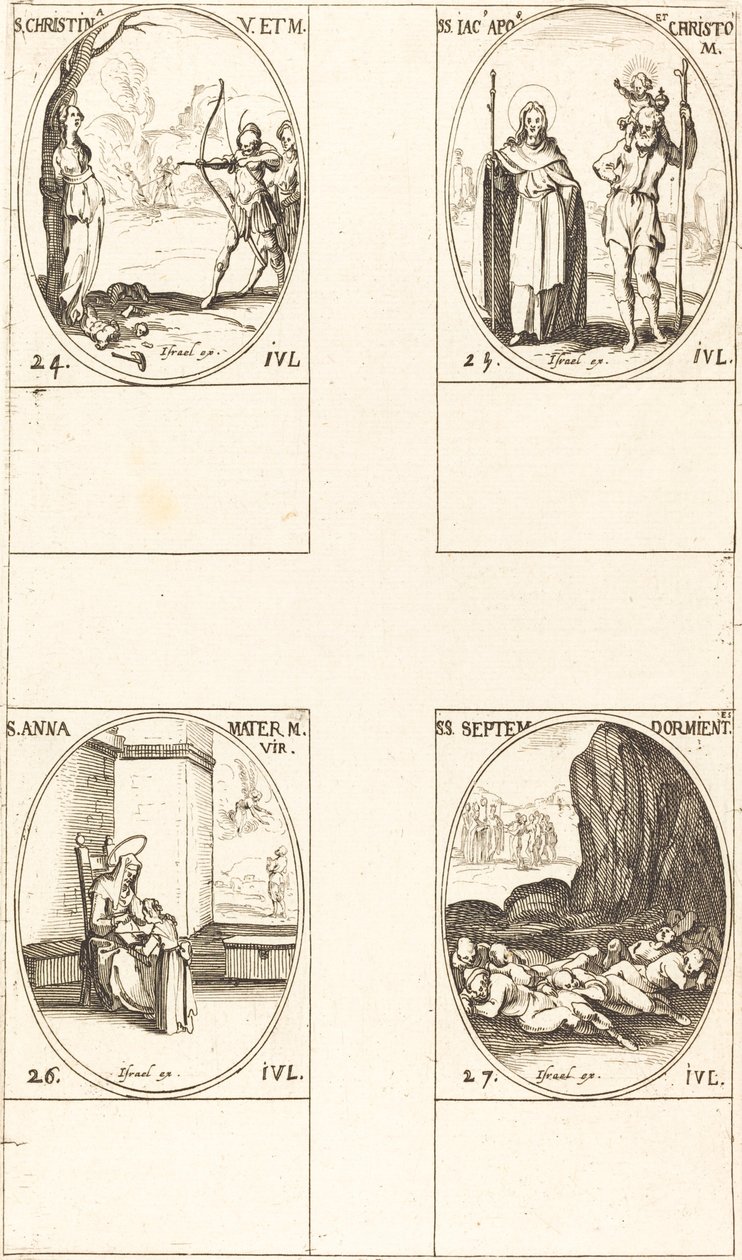 Szent Krisztina; Szent Jakab apostol és Szent Kristóf; Szent Anna; E hét alvója alkotó: Jacques Callot