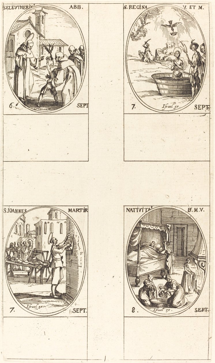 Szent Eleutherius, apát; Szent Regina; Szent János; A Szűz születése alkotó: Jacques Callot