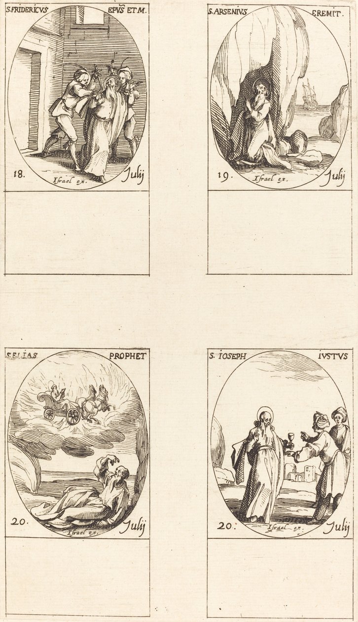 Szent Frigyes; Szent Arzén, Remete; Szent Illés próféta; Igazságos Szent József alkotó: Jacques Callot