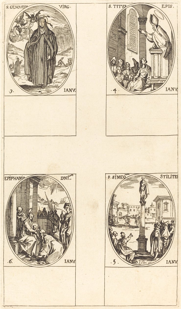 St. Genevieve; Szent Titusz; St. Simeon Stylites; vízkereszt alkotó: Jacques Callot