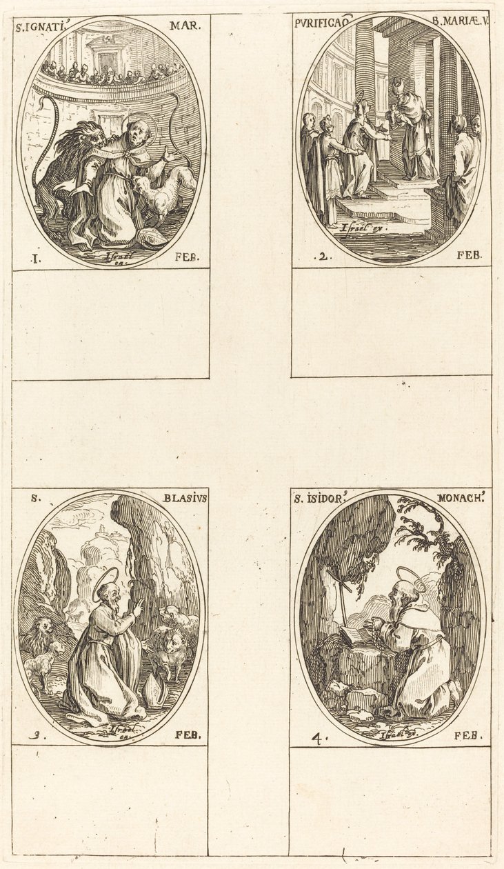 Szent Ignác; A Szűz megtisztulása; Szent Balázs; Szent Izidor alkotó: Jacques Callot