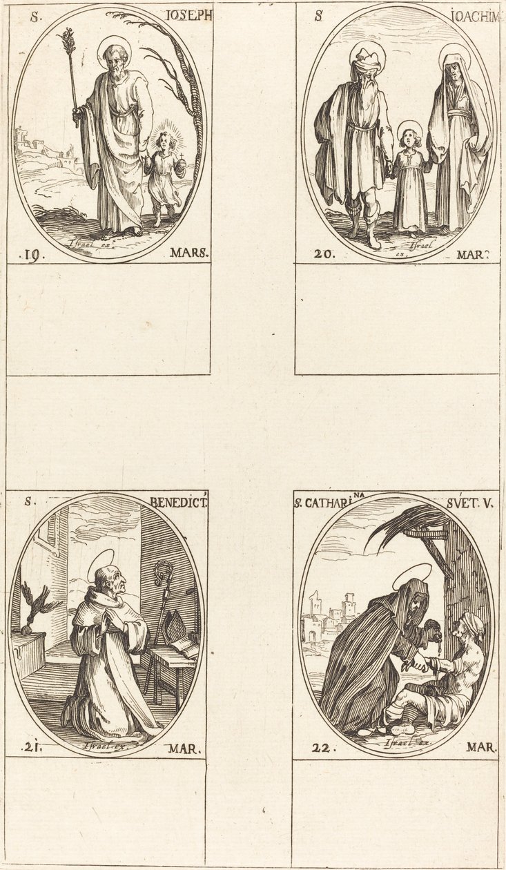 Szent József, Szent Joachim, Szent Benedek, apát, Svédországi Szent Katalin. alkotó: Jacques Callot