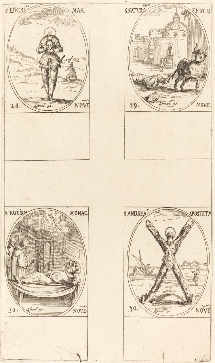 St. Liverius; Szent Szaturnusz; St. T(I?)oscion; Szent András alkotó: Jacques Callot