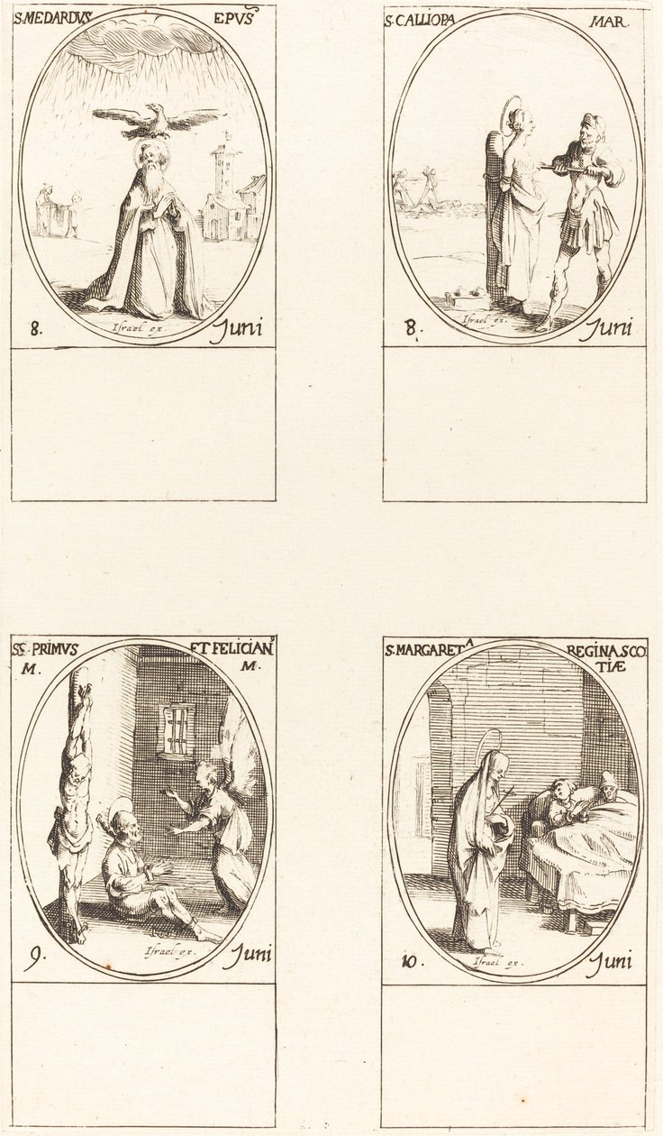 Szent Medárd; St. Calliopa; Sts. Primus és Felician; Skóciai Szent Margit alkotó: Jacques Callot