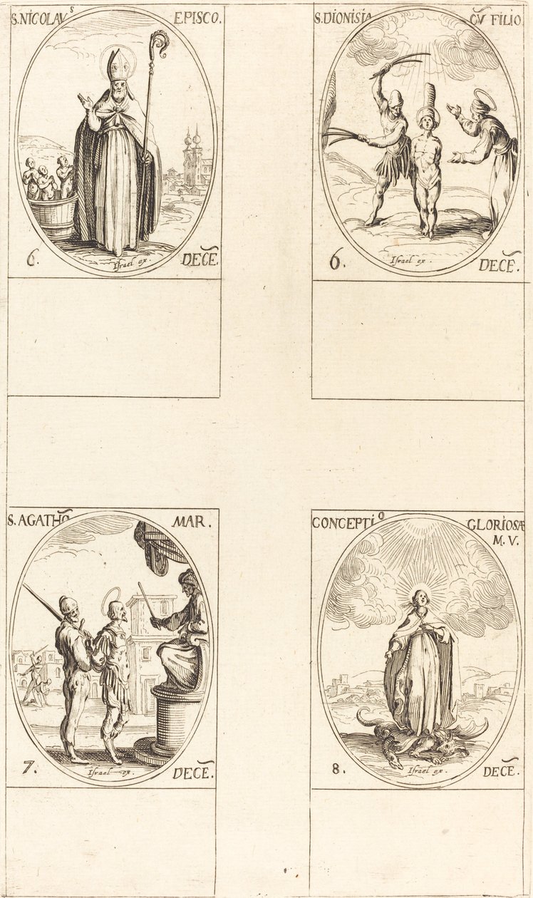 Szent Miklós; Szent Dionisia és fia; Szent Agáta; A Szűz fogantatása alkotó: Jacques Callot