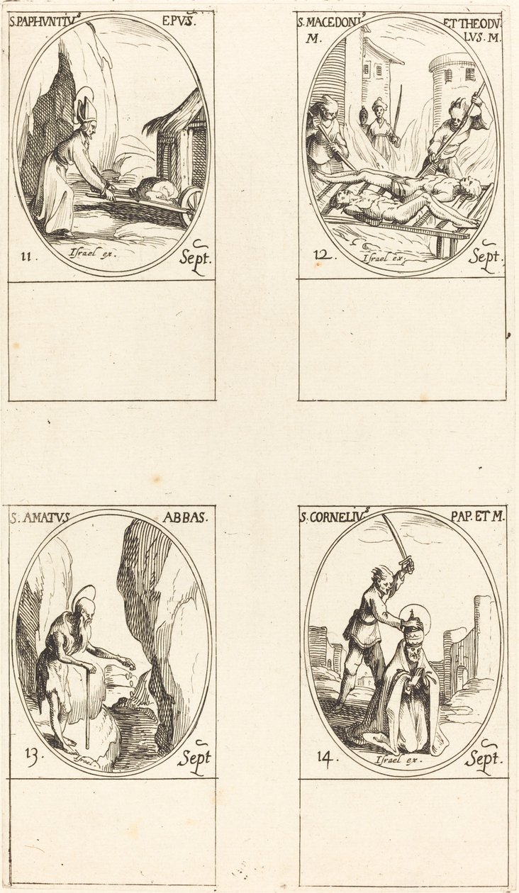 Utca. Paphnutius; Szentek Macedonius és Theodulus; Utca. Szeretett; Utca. Cornelia alkotó: Jacques Callot