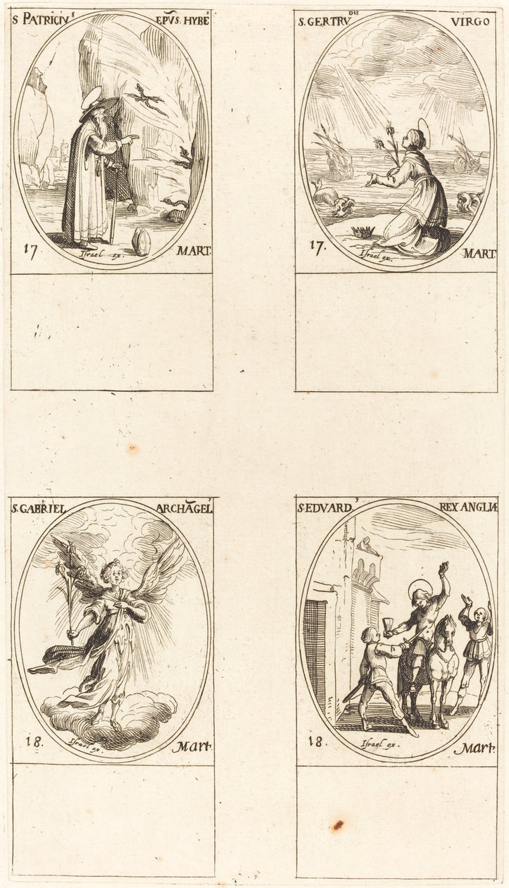 Szent Patrik; Szent Gertrúd; Szent Gábriel arkangyal; Szent Edward alkotó: Jacques Callot
