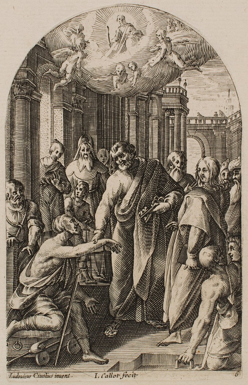 Szent Péter és Szent János meggyógyítják a sántát a templom kapujánál, a „Római képek” című sorozatból alkotó: Jacques Callot