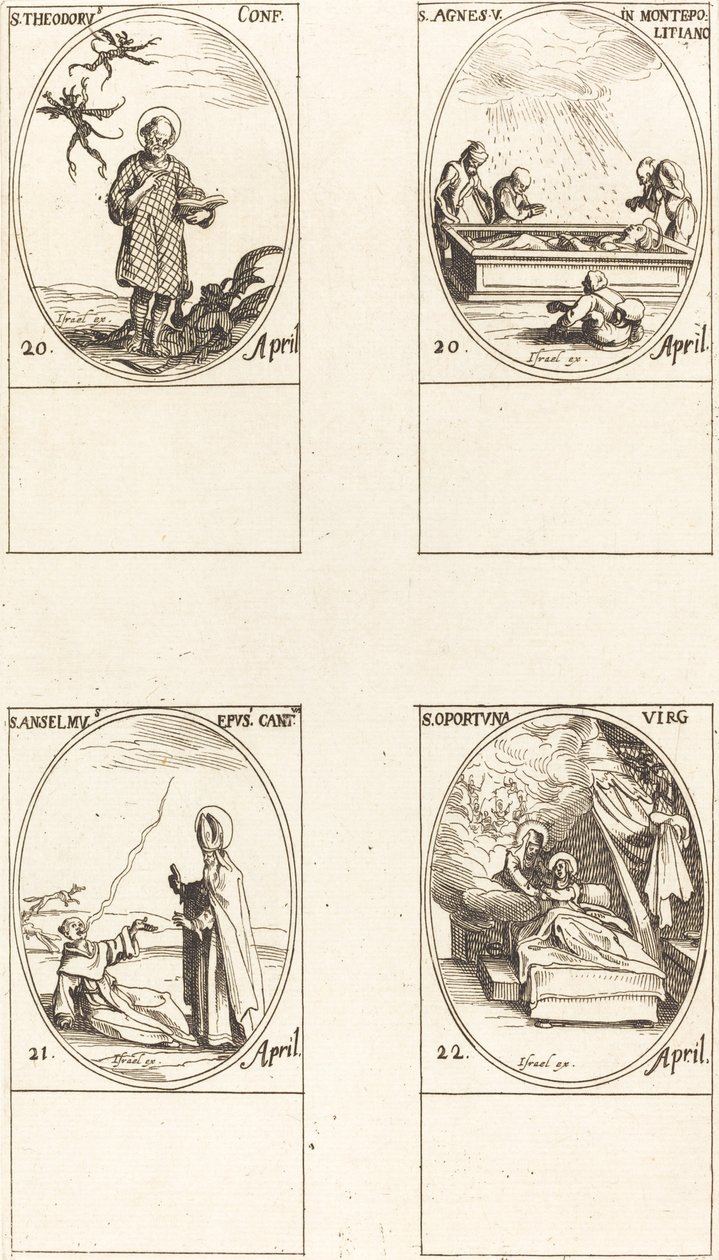 Szent Theodorus; Monte Pulcianói Szent Ágnes; Szent Anselme, Canterbury érseke; utca alkotó: Jacques Callot