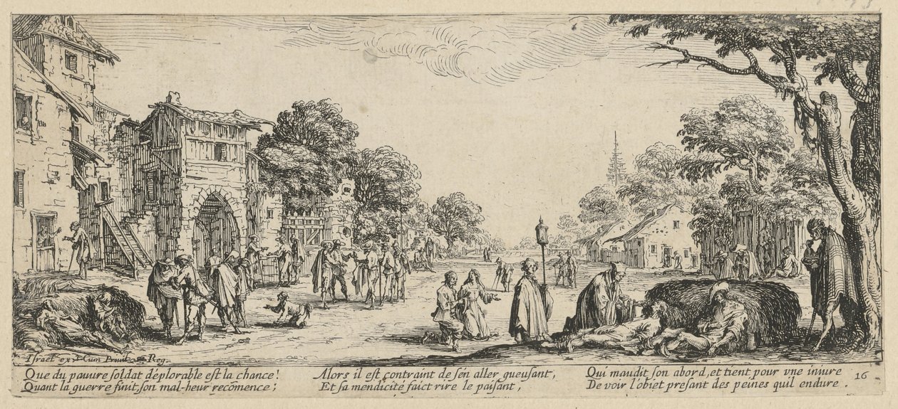 Haldoklók az út szélén, a „A háború borzalmai” című sorozat 16. lapja alkotó: Jacques Callot