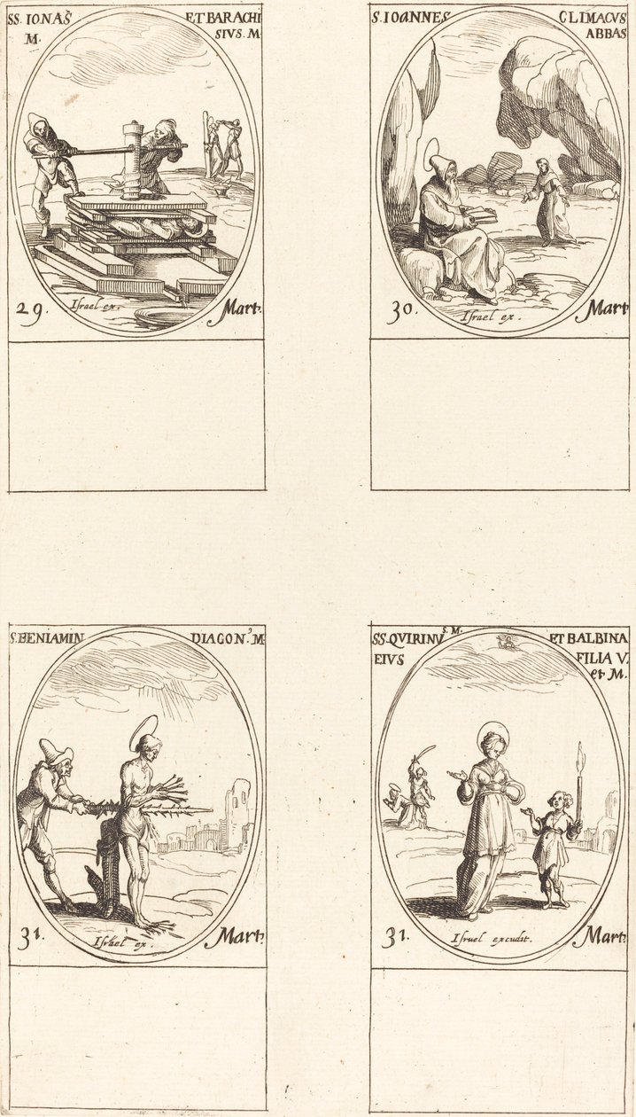 Sts. Jónás és Barachisius; St. Louis John Climacus, apát; St. Louis Benjámin; Sts. Quirinus és Bal alkotó: Jacques Callot