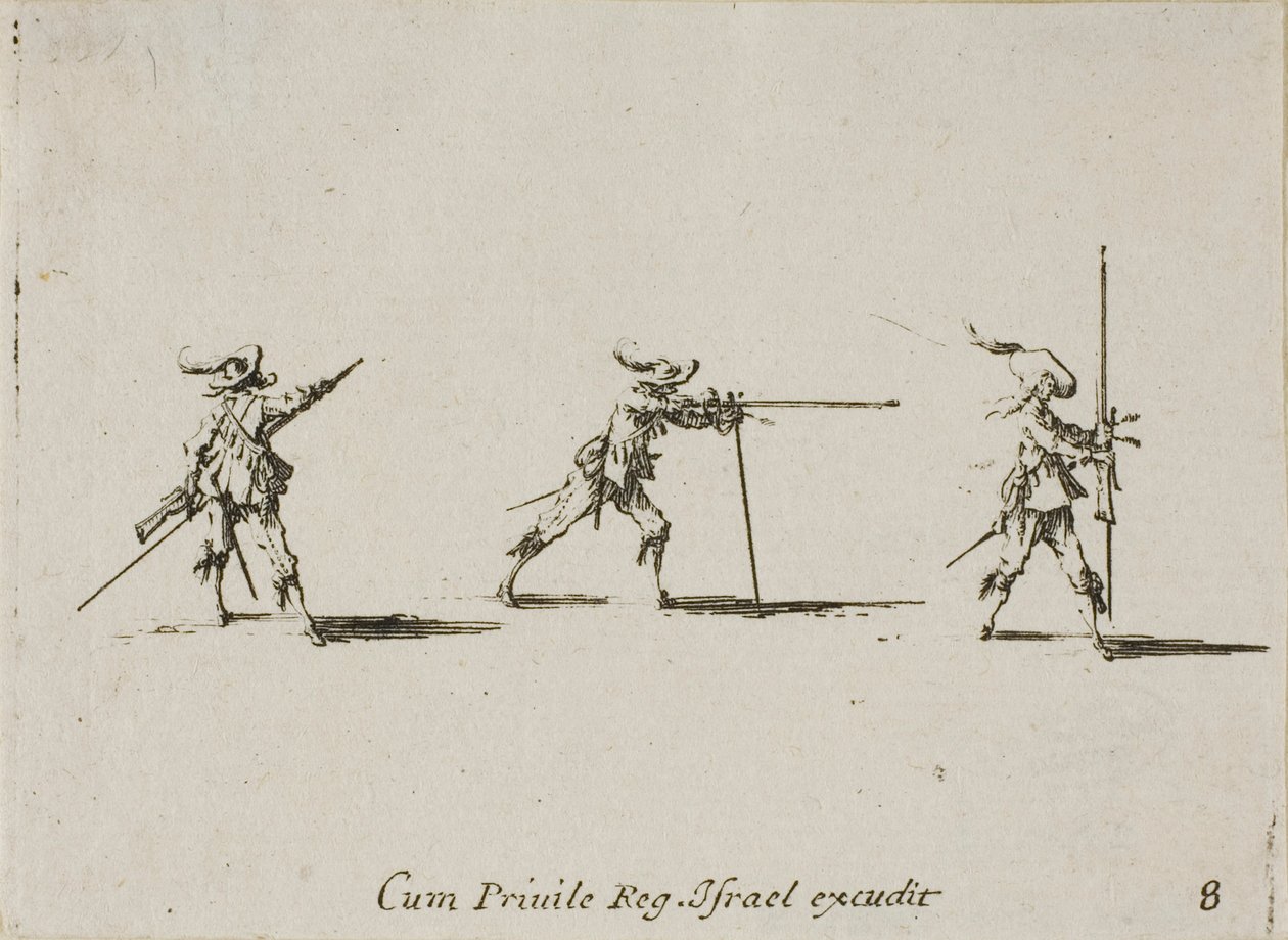 Lőállás felvétele a muskétával, nyolcas lemez a Katonai gyakorlatokból alkotó: Jacques Callot