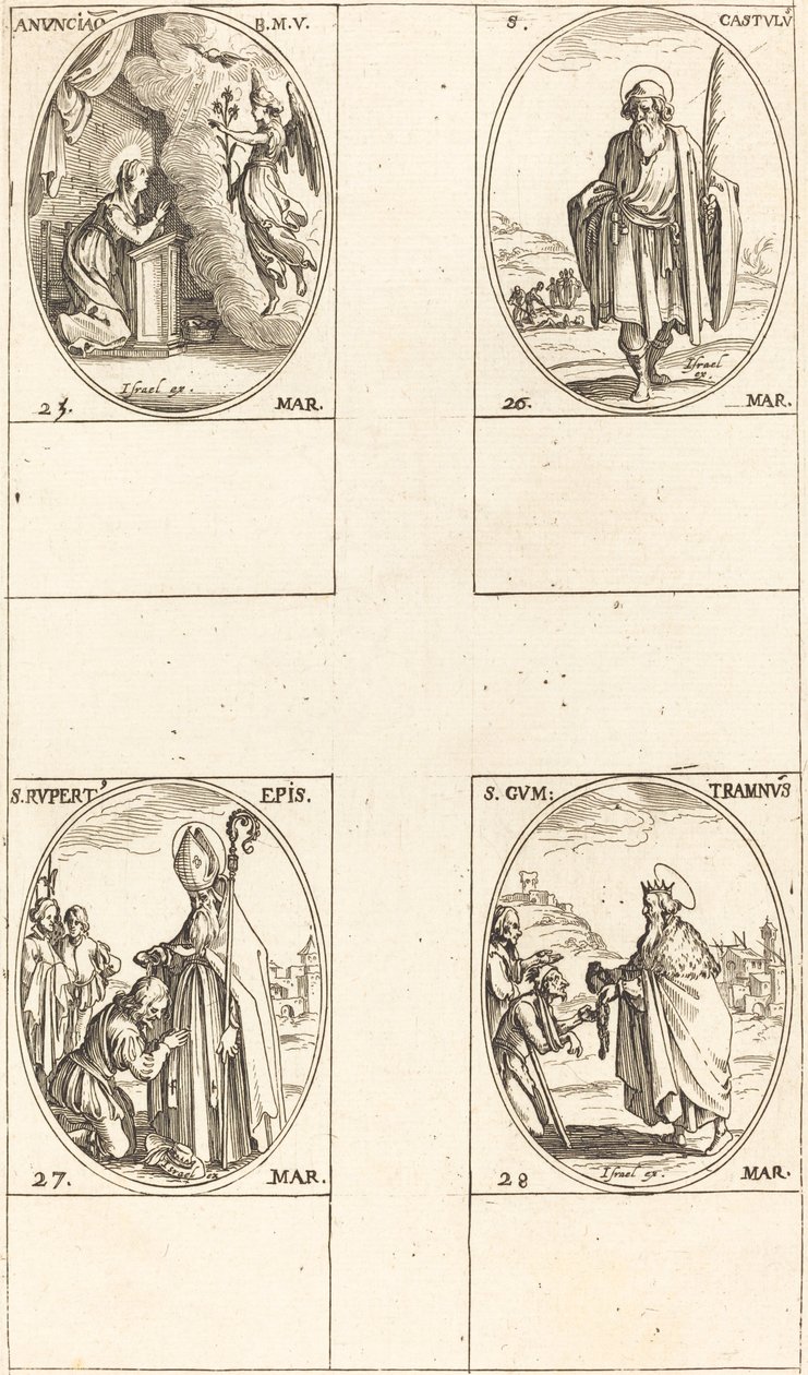 Az Angyali üdvözlet; Szent Castulus; Szent Rupert; St. Gontran alkotó: Jacques Callot