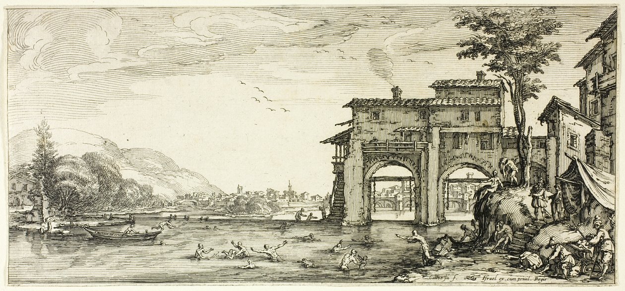 A fürdőzők különféle Firenzében tervezett jelenetekből alkotó: Jacques Callot