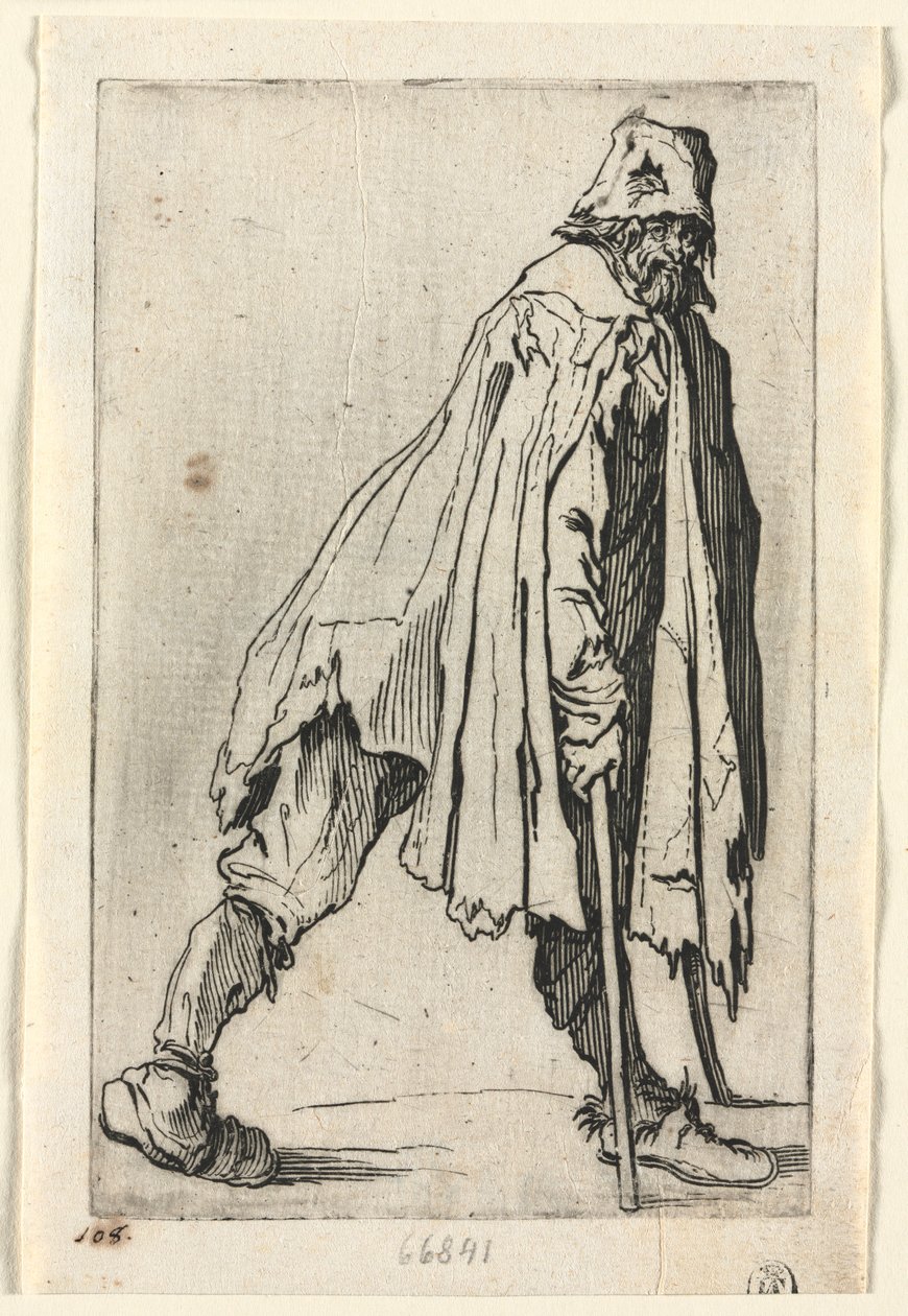 A koldusok: A mankós koldus, sapkát visel, c. 1623. alkotó: Jacques Callot