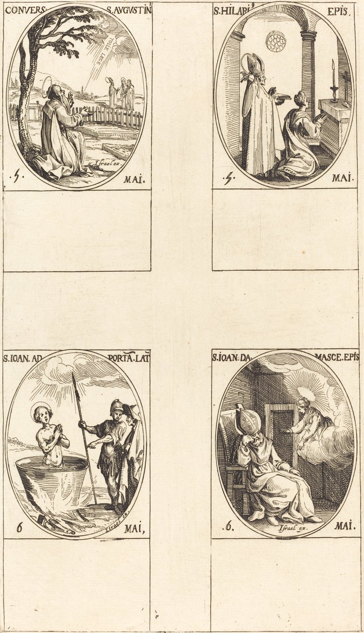 Szent Ágoston megtérése; Szent Hilárius; Szent János a latin portál előtt; Damaszkuszi Szent János alkotó: Jacques Callot