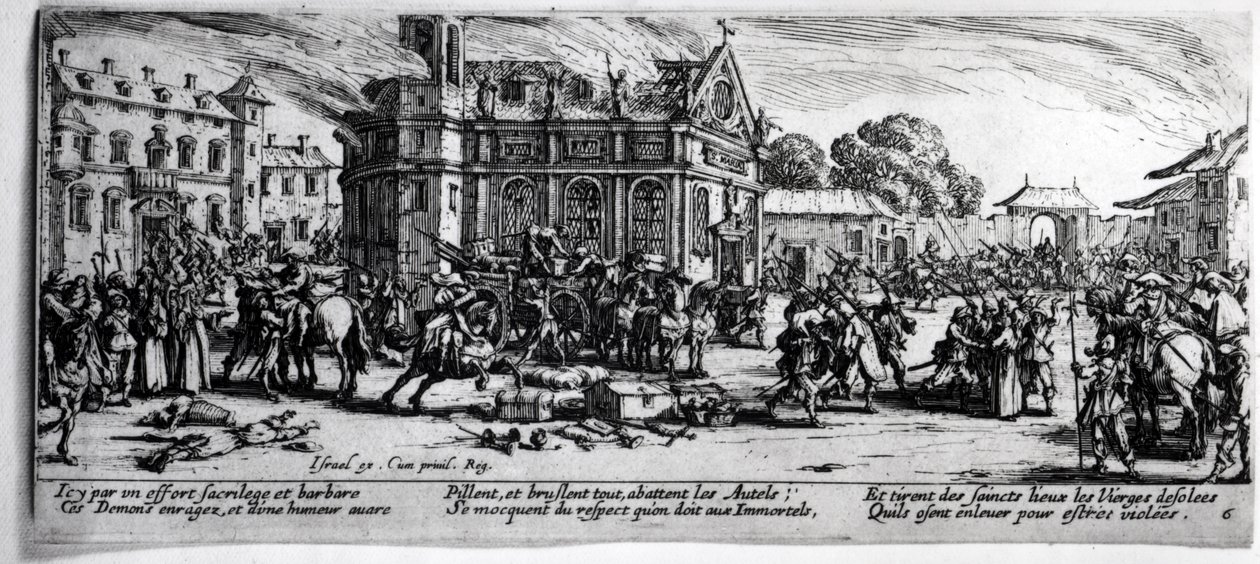 Egy kolostor pusztulása, 6. tábla „A háború nyomorúságai és szerencsétlenségei”-ből, Izrael Henriet (1590-1661 körül) metszetében, 1633 alkotó: Jacques Callot