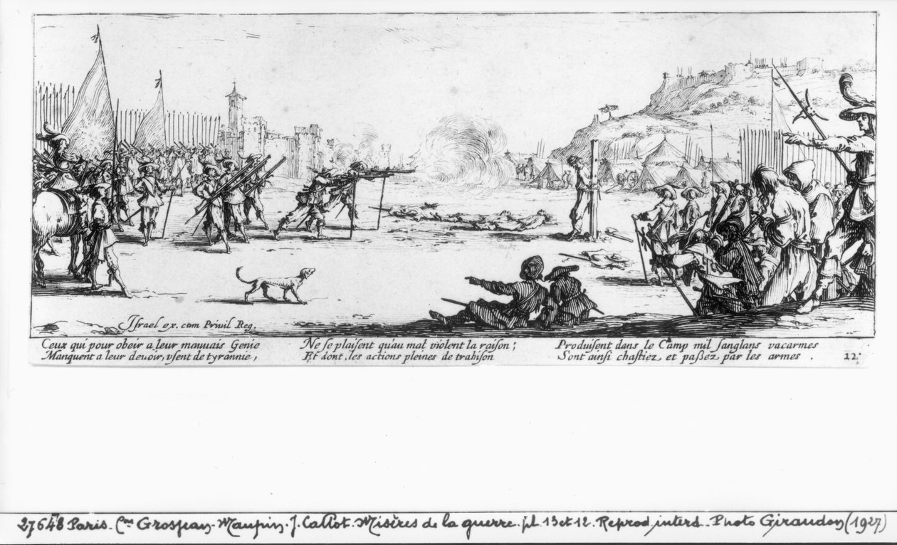 A tüzelőosztag, 12. tábla „A háború nyomorúságai és szerencsétlenségei”-ből, vésette: Israel Henriet (kb. 1590-1661) 1633 alkotó: Jacques Callot