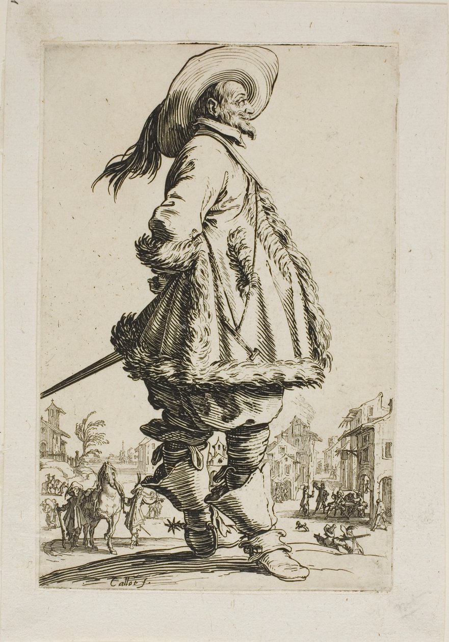 Az úriember prémes köpenyben, kezét a háta mögött tartja, hetes tányér a La Noblesse-től alkotó: Jacques Callot