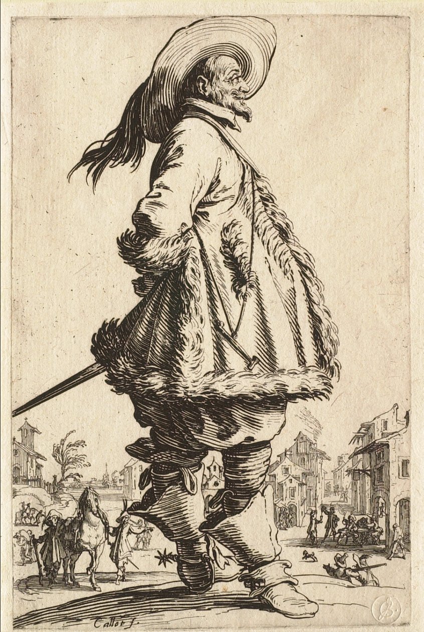 A prémmel szegett kabátot viselő úr, kezét a háta mögött tartva alkotó: Jacques Callot