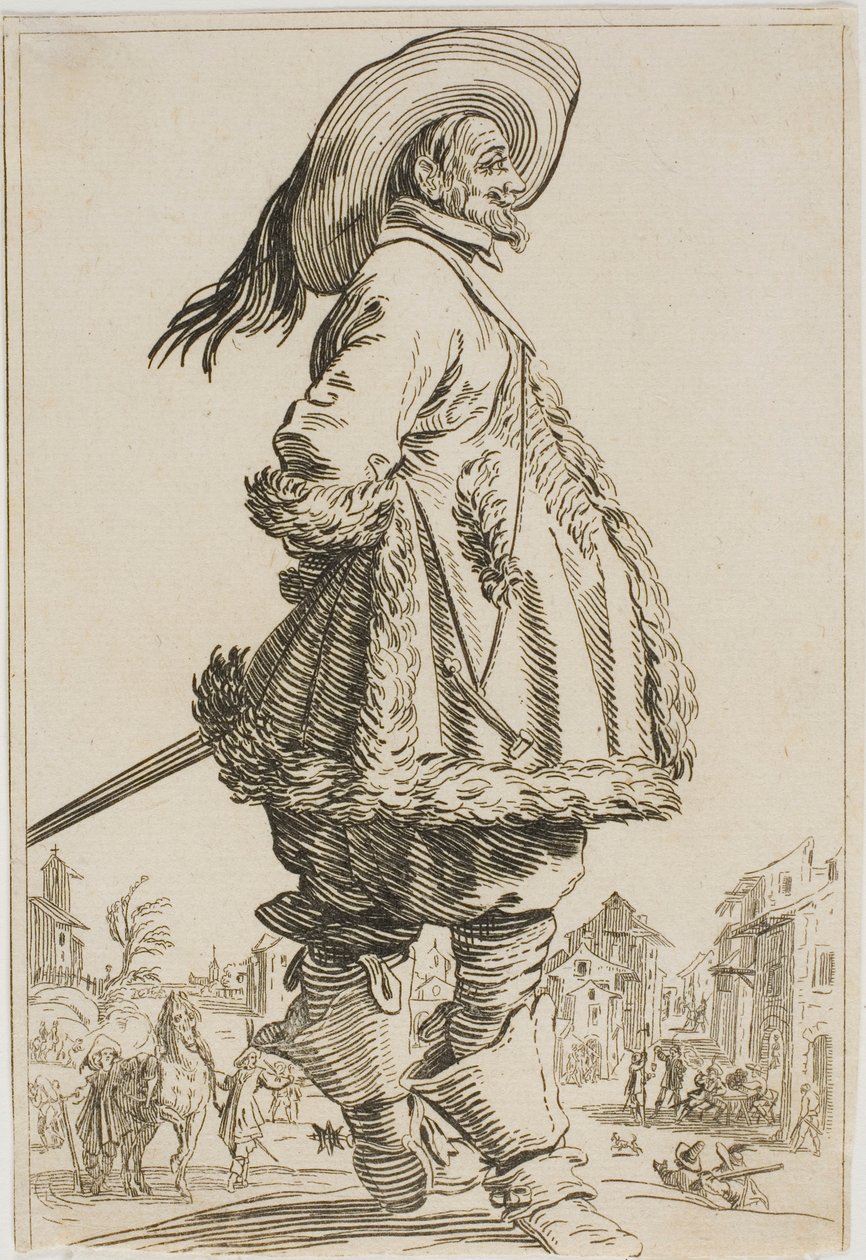 Az úriember prémes köpenyben, kezével a háta mögött, a Lotaringiai nemesség című sorozatból alkotó: Jacques Callot
